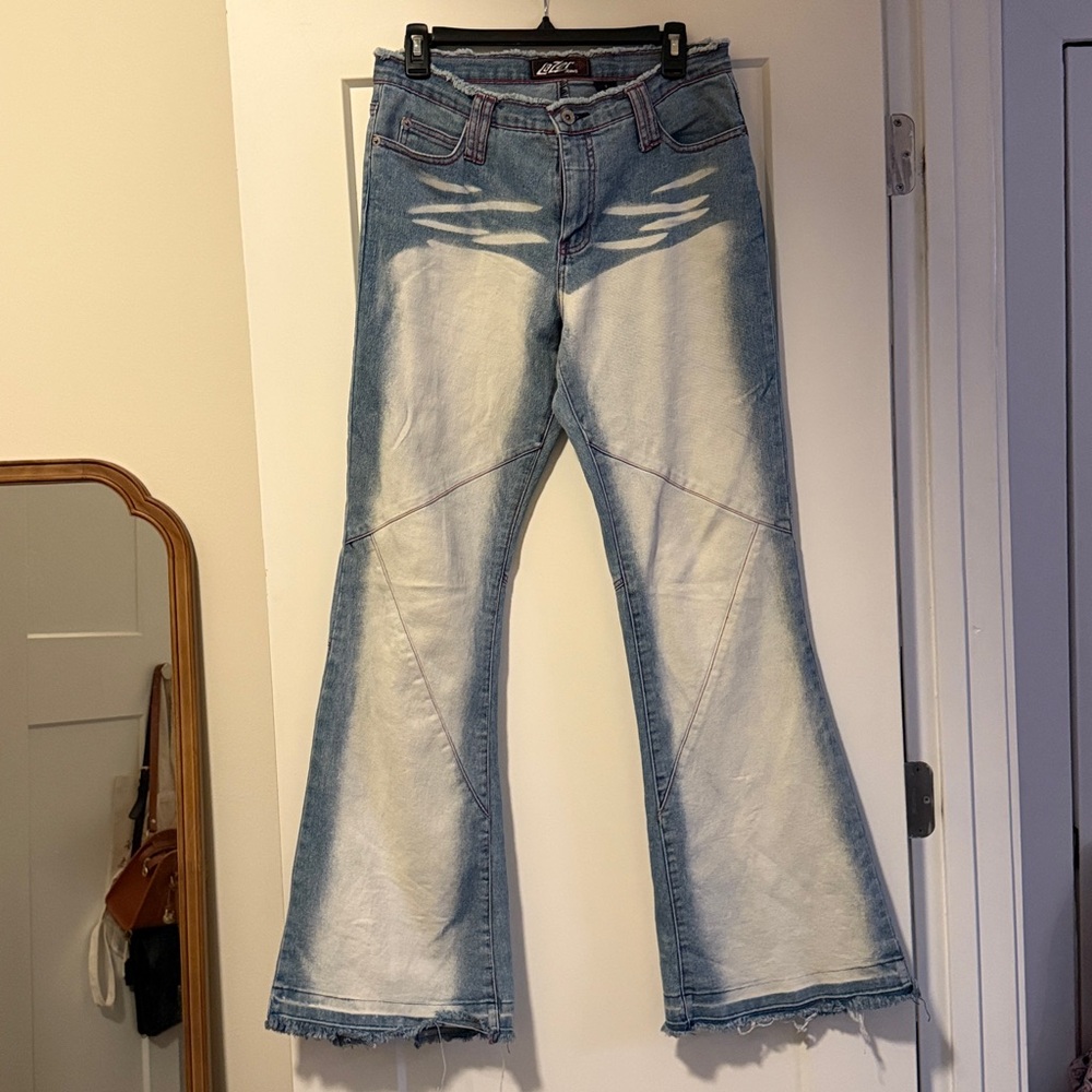 Y2K Lazer Jeans Flare Bleach Wash with Red Stitching Low Rise